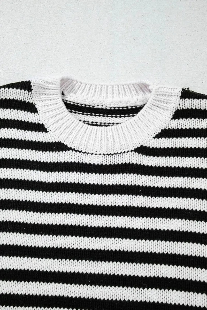 Striped Round Neck Long Sleeve Sweater - Love Salve